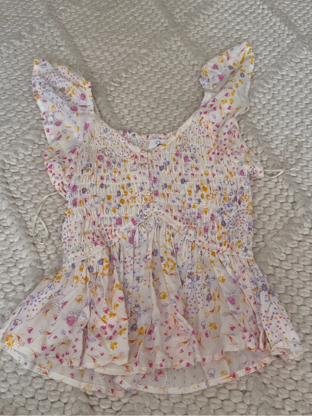Women’s Floral Smocked Ruffle Top - White with Pink & Yellow Flowers